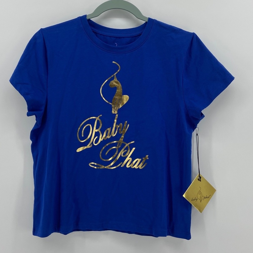 NWT Y2K Electric Blue Retro Gold Baby Phat Logo Slim Fit Baby Tee Lux Streetwear